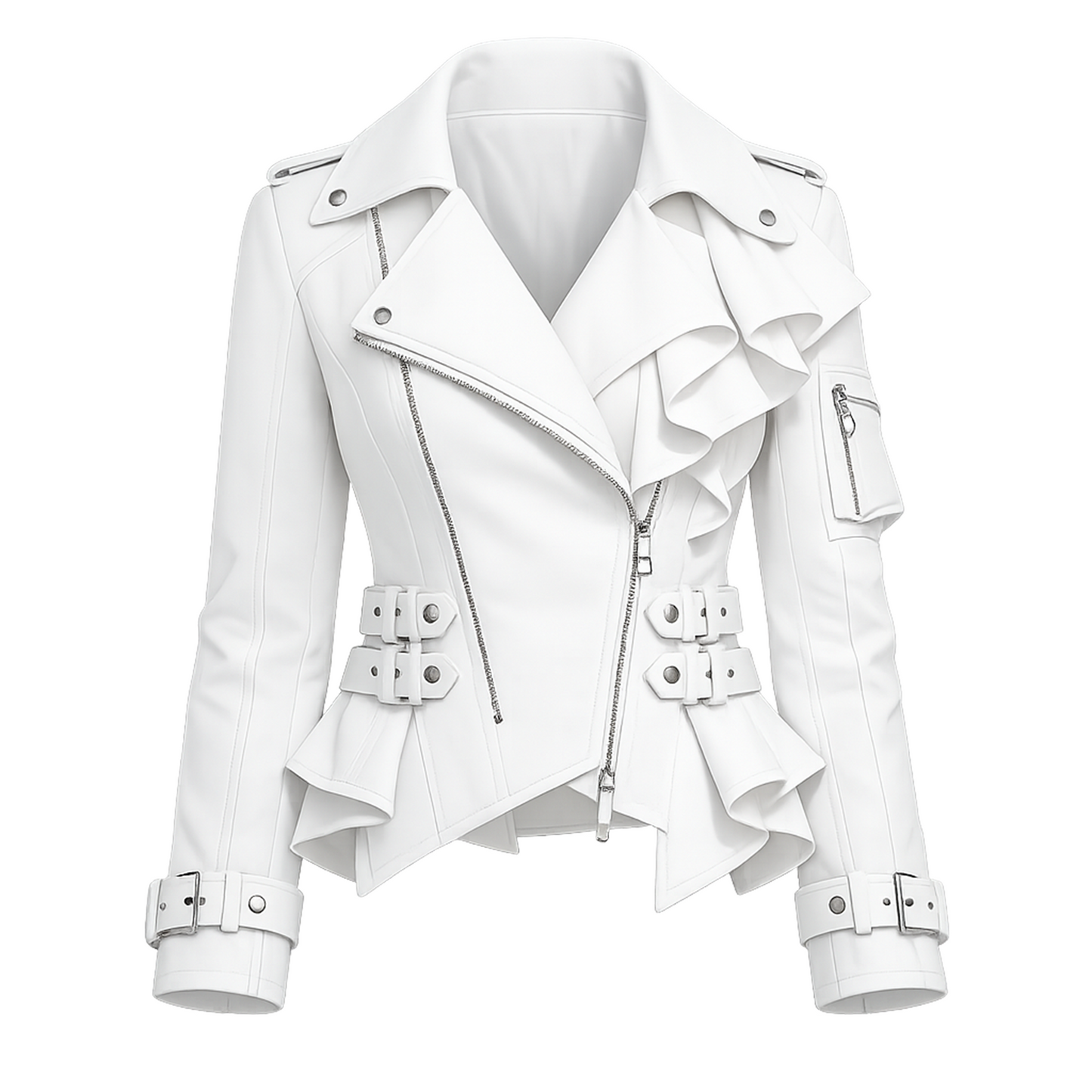 White Ruffle-Front Peplum Moto Jacket – Asymmetric Zip Belted Waist