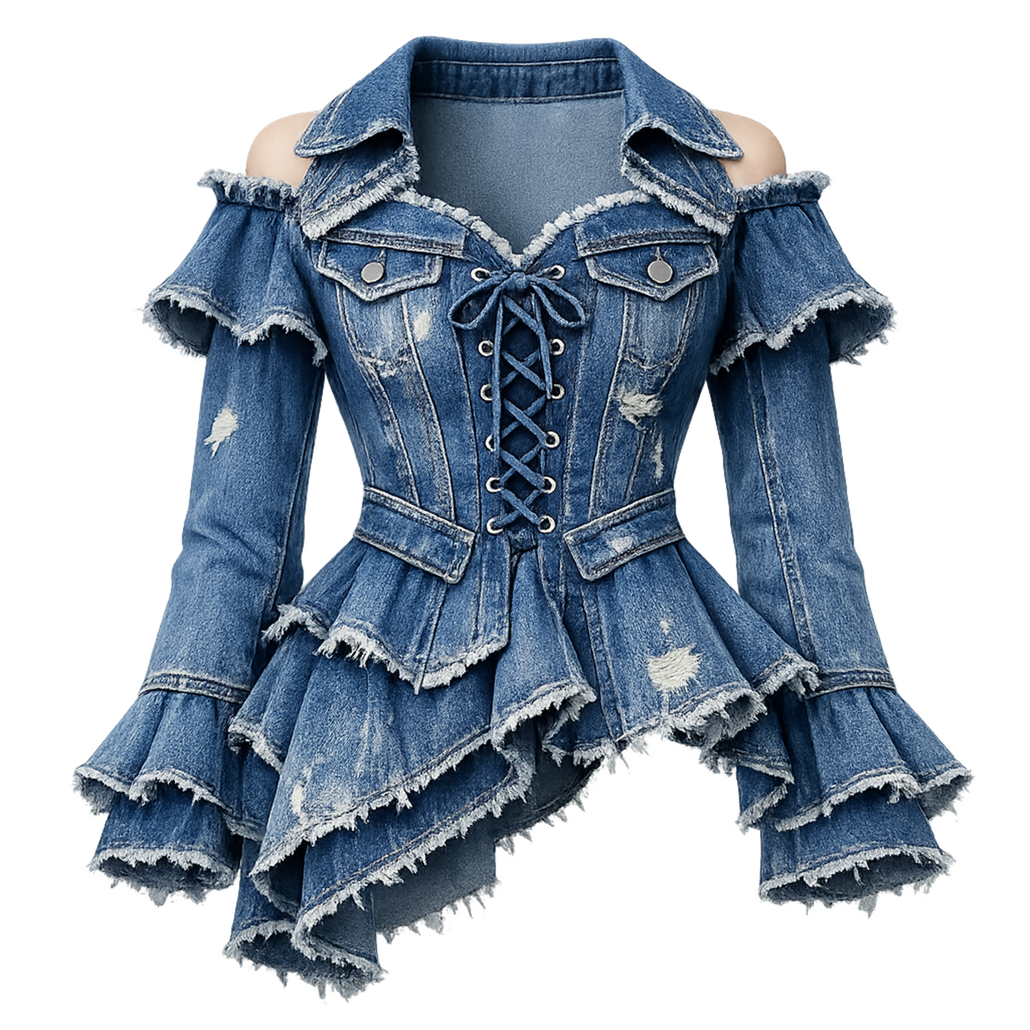 Cold-Shoulder Lace-Up Denim Peplum Jacket – Ruffled Hem Statement Top