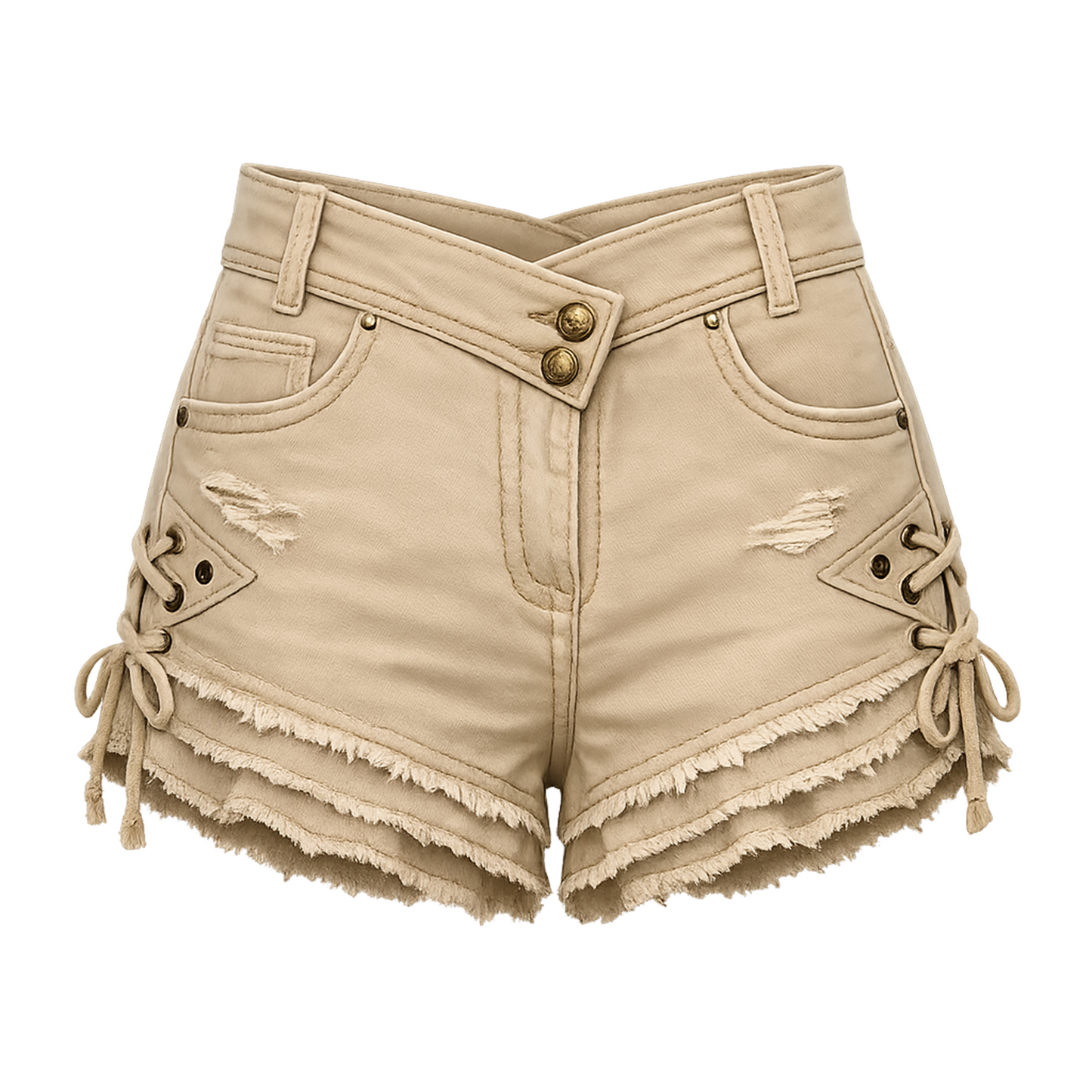 Beige High-Waist Lace-Up Denim Shorts – Frayed Hem Distressed Double-Button