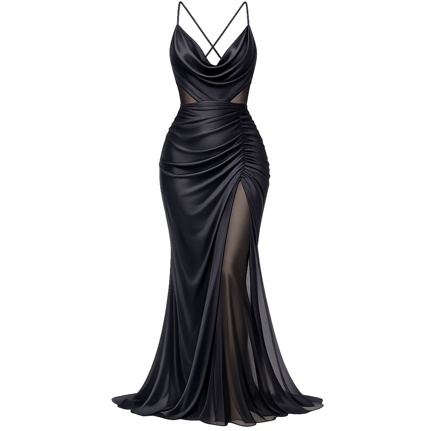 Black Draped Satin Mermaid Gown – Cowl Neck Ruched Thigh-Slit Evening Dress