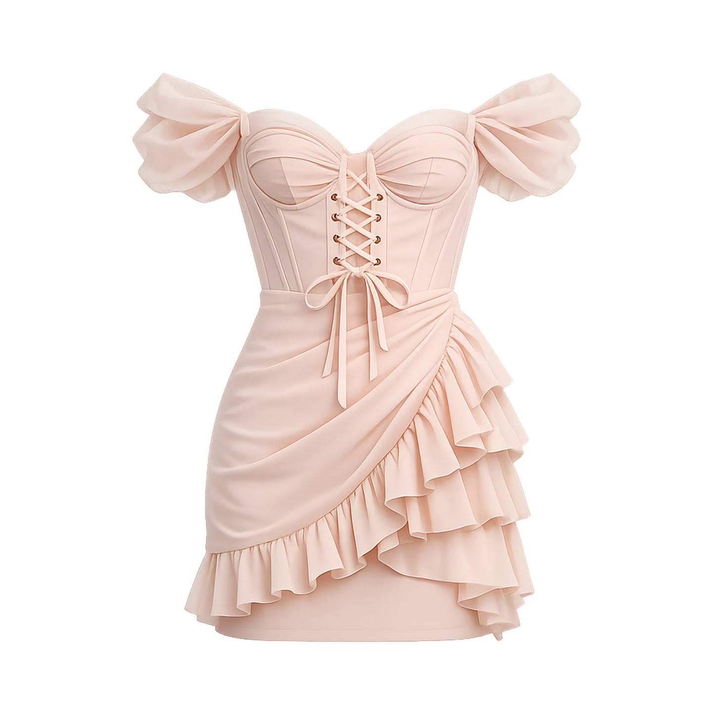Blush Lace-Up Corset Mini Dress – Puff Sleeve Ruffle Wrap Bodycon