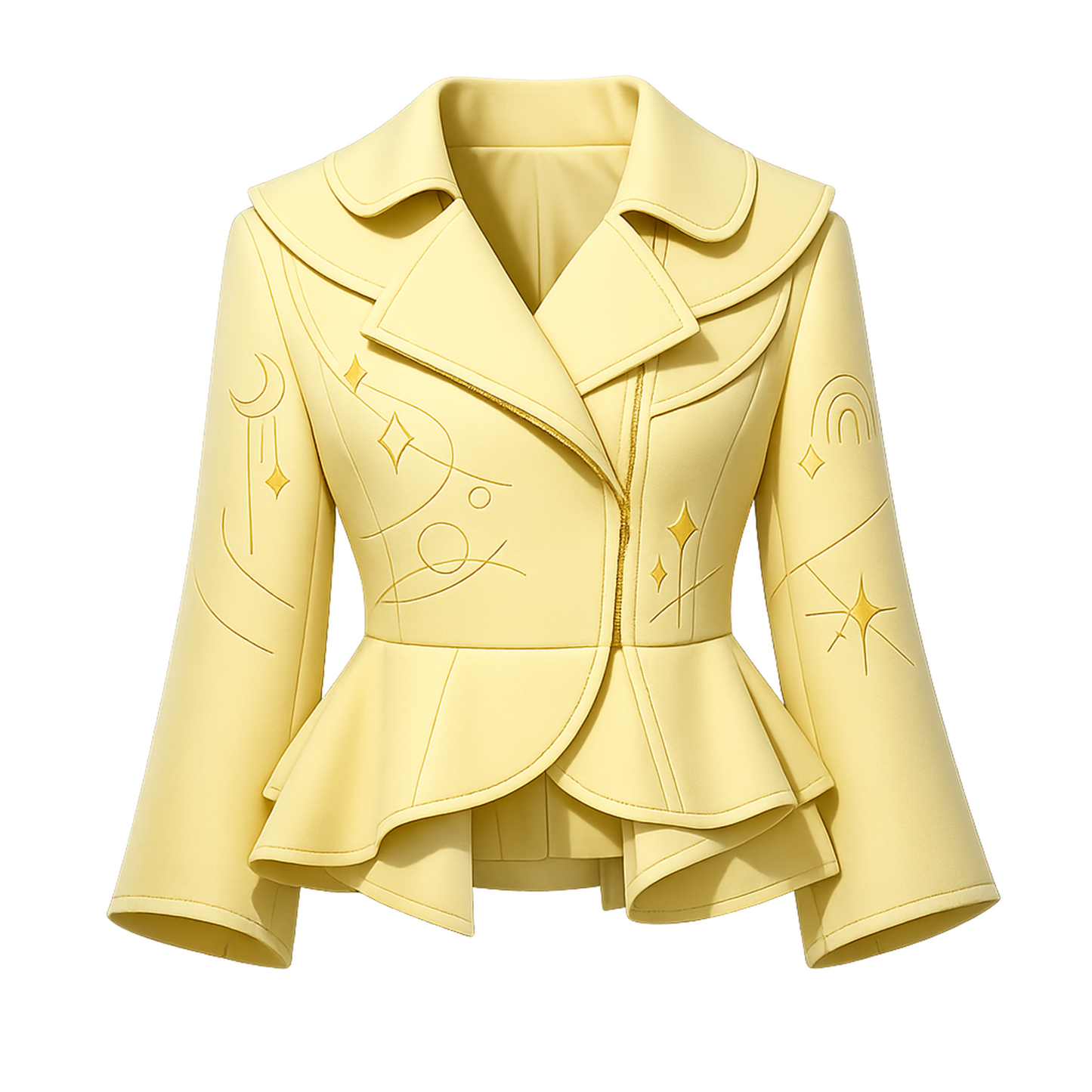 Butter Yellow Peplum Jacket – Embroidered Celestial Motif Structured Lapel Blazer
