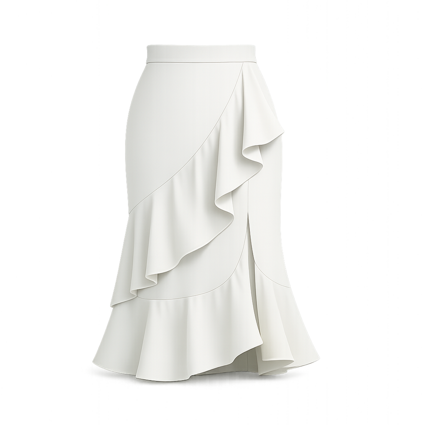 White Ruffle Wrap Midi Skirt – High Waist Asymmetrical Layered Flounce Skirt