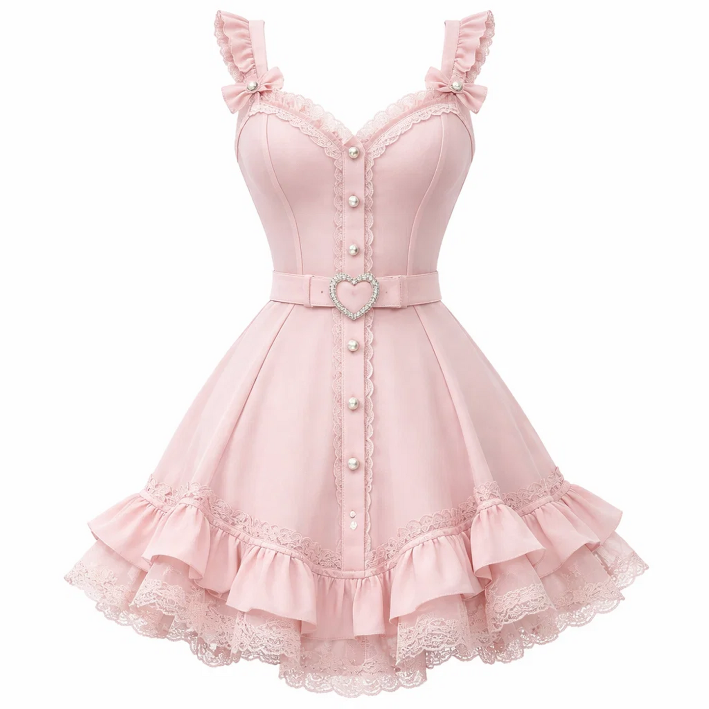 Pink Lace Trim Fit & Flare Mini Dress – Pearl Button Heart Belt Ruffle Hem