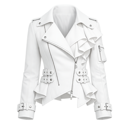 White Ruffle-Front Peplum Moto Jacket – Asymmetric Zip Belted Waist