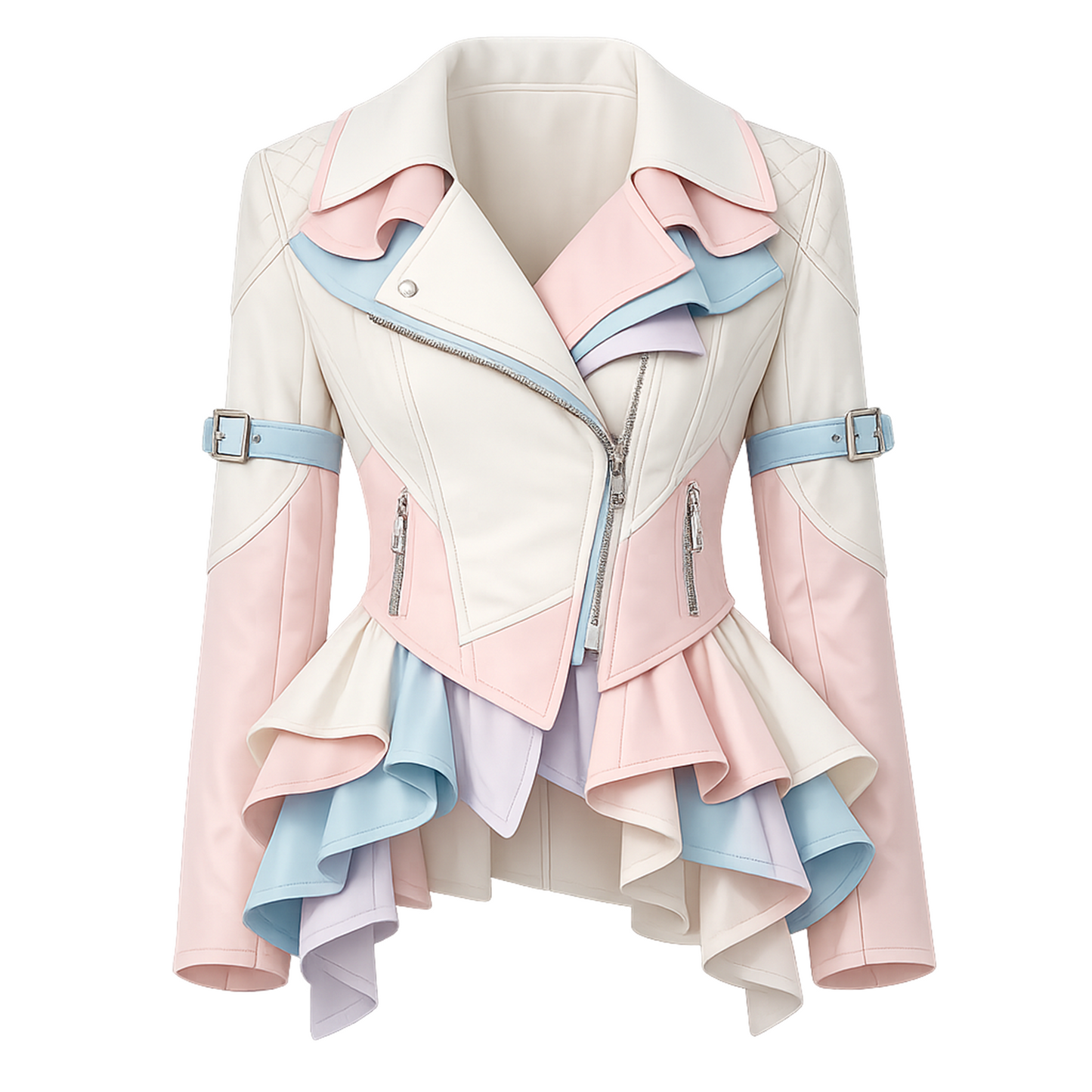 Pastel Colorblock Peplum Moto Jacket – Ruffled Hem Asymmetric Zip Blazer