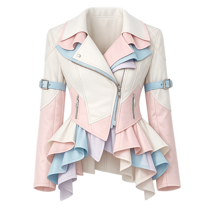 Pastel Colorblock Peplum Moto Jacket – Ruffled Hem Asymmetric Zip Blazer