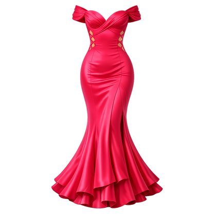 Red Off-Shoulder Mermaid Gown – Side Cutout Draped Satin Evening Dress