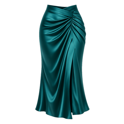 Emerald Satin Wrap Midi Skirt – Ruched Waist High-Slit Draped Maxi Skirt
