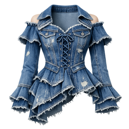 Cold-Shoulder Lace-Up Denim Peplum Jacket – Ruffled Hem Statement Top