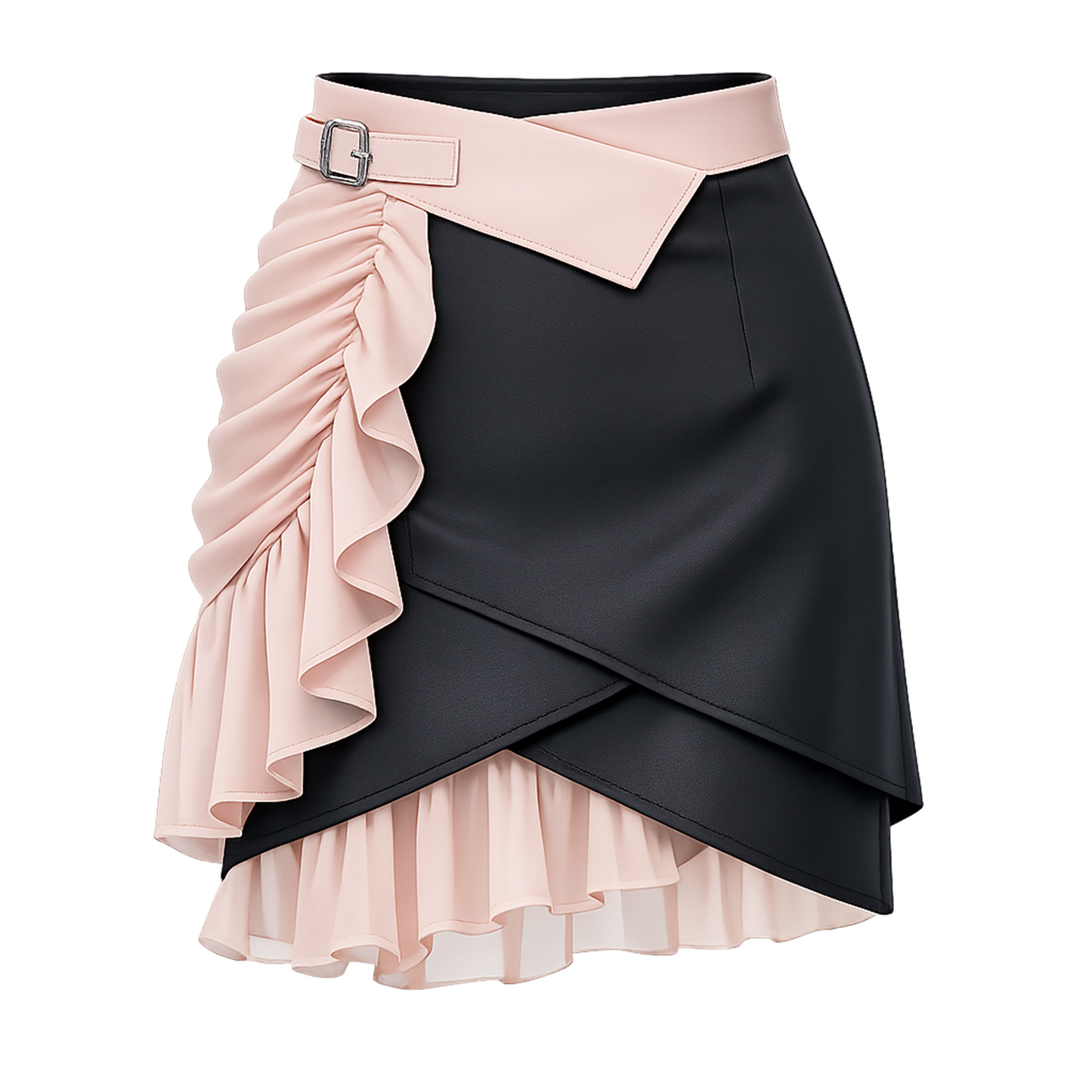 Two-Tone Wrap Mini Skirt – Buckle Waist Ruched Ruffle Layered Hem