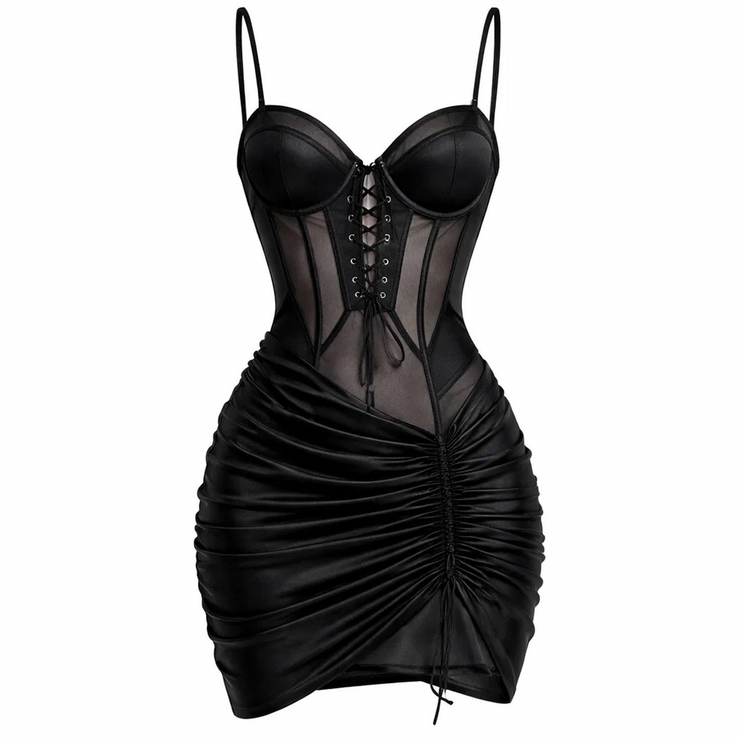 Black Sheer Corset Mini Dress – Lace-Up Bodice Ruched Bodycon with Drawstring
