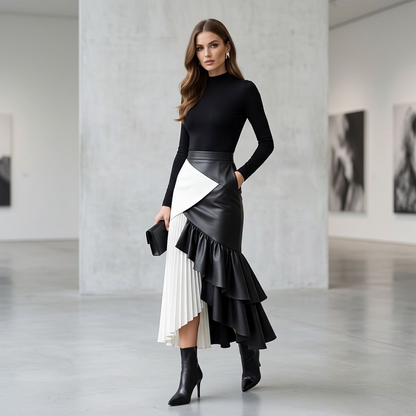 Black &amp; White Colorblock Ruffle Maxi Skirt – Pleated Asymmetrical Mermaid Hem