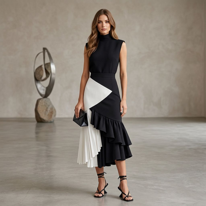 Black &amp; White Colorblock Ruffle Maxi Skirt – Pleated Asymmetrical Mermaid Hem