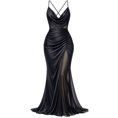 Black Draped Satin Mermaid Gown – Cowl Neck Ruched Thigh-Slit Evening Dress