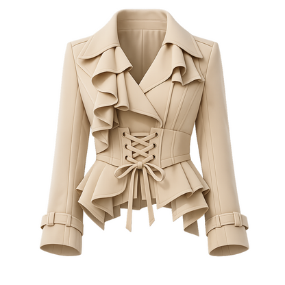 Ruffled Corset-Waist Peplum Jacket – Beige Lace-Up Tailored Blazer