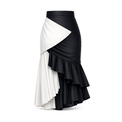 Black &amp; White Colorblock Ruffle Maxi Skirt – Pleated Asymmetrical Mermaid Hem