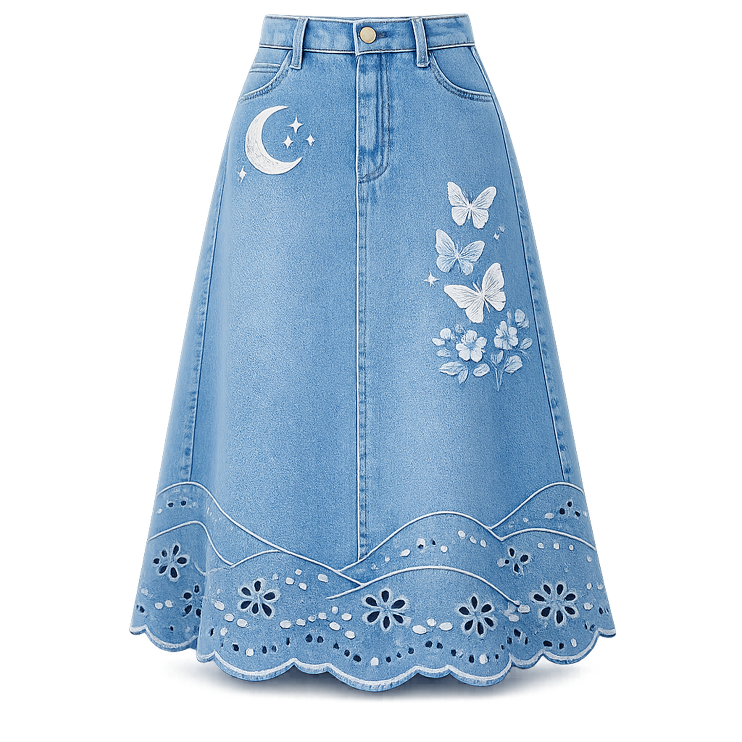 Moon &amp; Butterfly Embroidered Denim Midi Skirt – Scallop Eyelet Hem A-Line