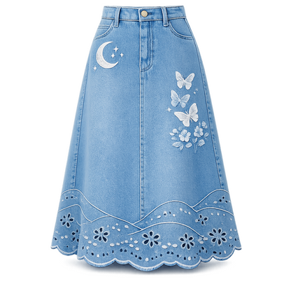Moon &amp; Butterfly Embroidered Denim Midi Skirt – Scallop Eyelet Hem A-Line
