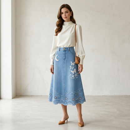 Moon &amp; Butterfly Embroidered Denim Midi Skirt – Scallop Eyelet Hem A-Line
