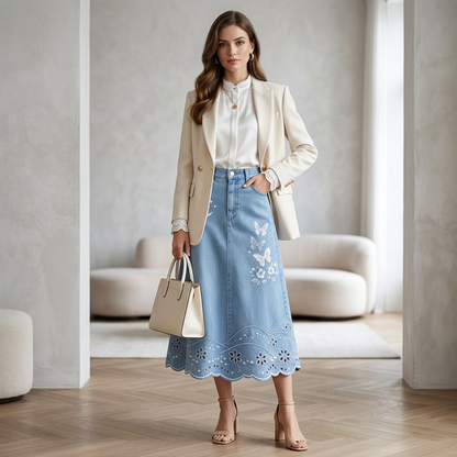 Moon &amp; Butterfly Embroidered Denim Midi Skirt – Scallop Eyelet Hem A-Line