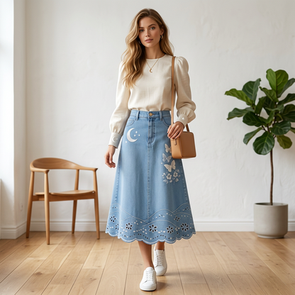 Moon &amp; Butterfly Embroidered Denim Midi Skirt – Scallop Eyelet Hem A-Line