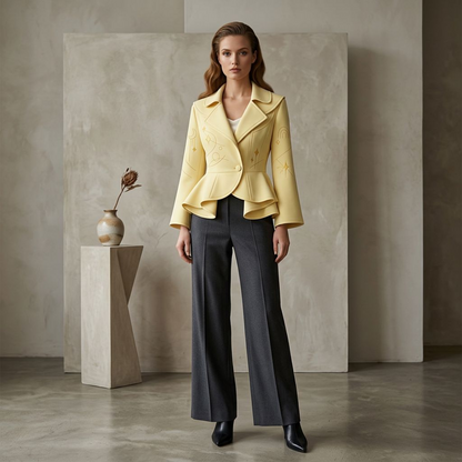 Butter Yellow Peplum Jacket – Embroidered Celestial Motif Structured Lapel Blazer