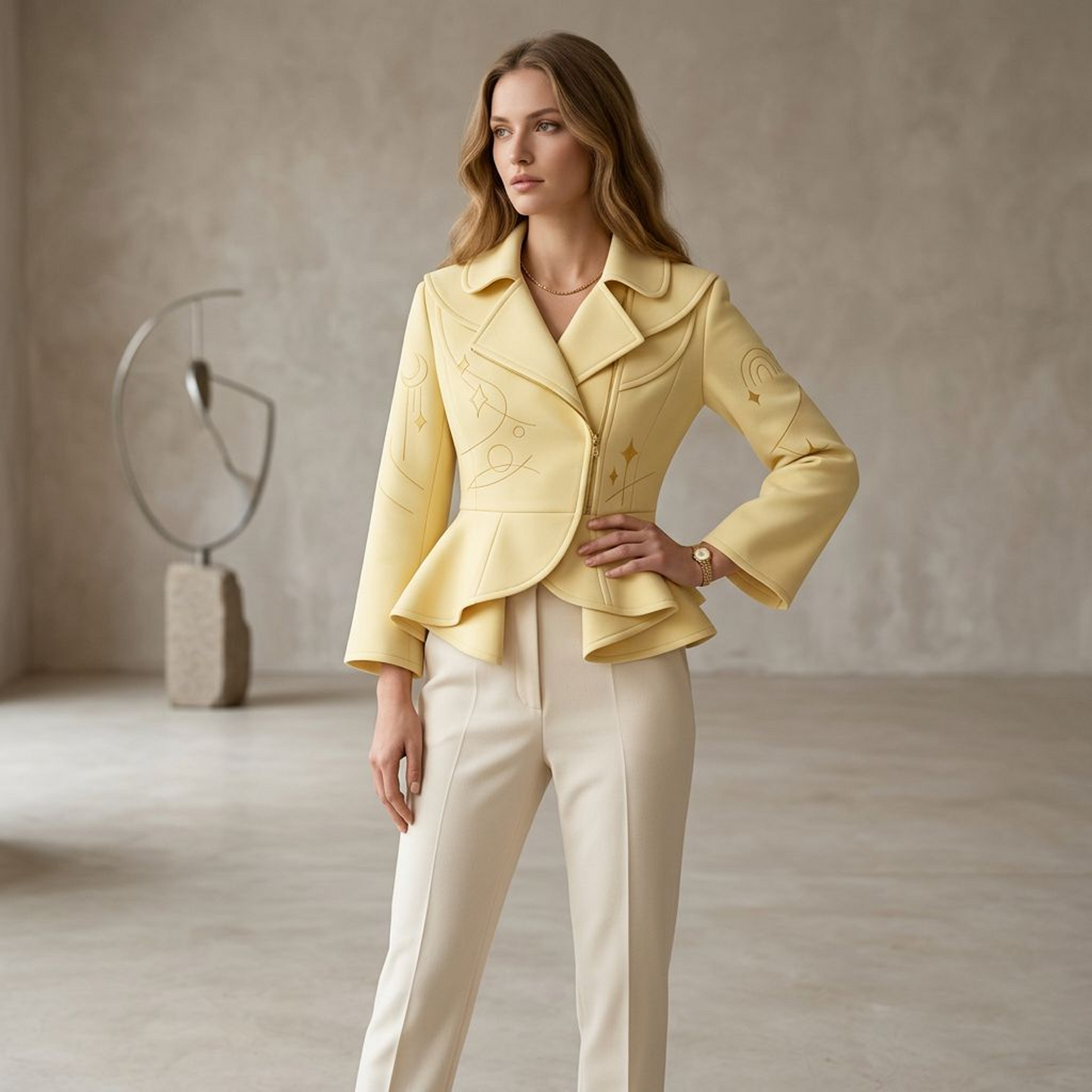 Butter Yellow Peplum Jacket – Embroidered Celestial Motif Structured Lapel Blazer