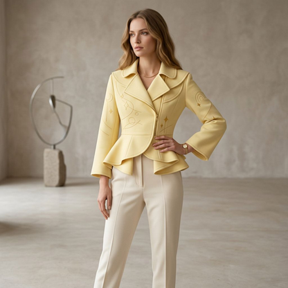 Butter Yellow Peplum Jacket – Embroidered Celestial Motif Structured Lapel Blazer