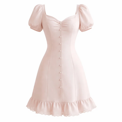 Blush Puff Sleeve Mini Dress – Sweetheart Neckline Pearl Button Ruffle Hem