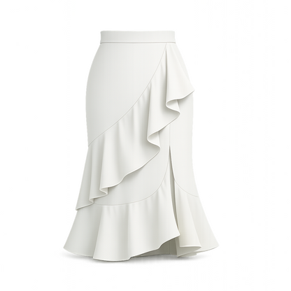 White Ruffle Wrap Midi Skirt – High Waist Asymmetrical Layered Flounce Skirt