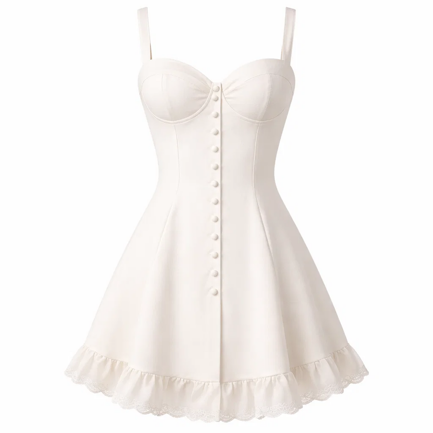 White Bustier Fit &amp; Flare Mini Dress – Button Front Sweetheart Neckline Ruffle Hem