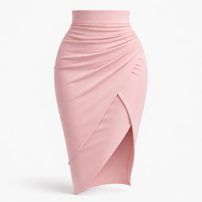Blush Wrap Pencil Midi Skirt – High Waist Ruched Side Slit Bodycon Skirt