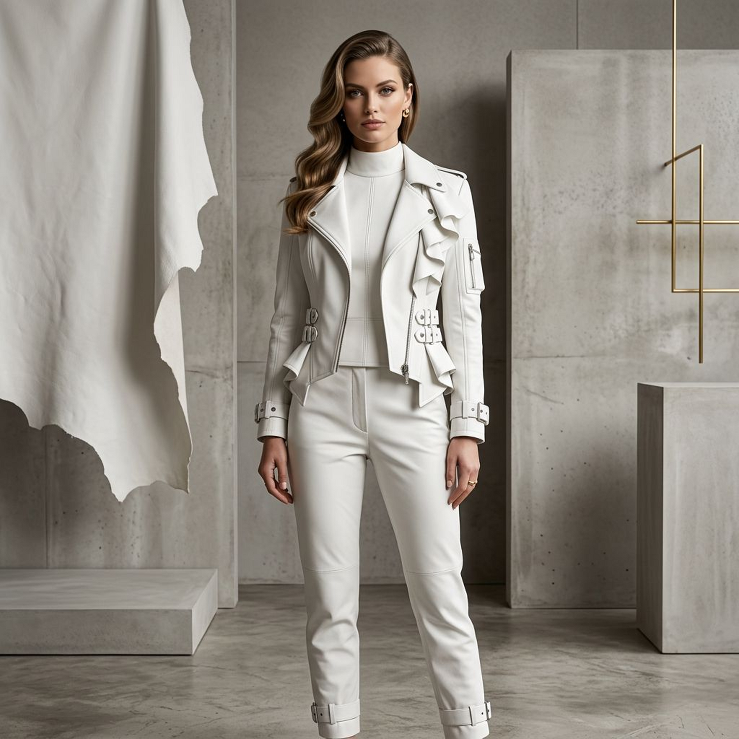 White Ruffle-Front Peplum Moto Jacket – Asymmetric Zip Belted Waist