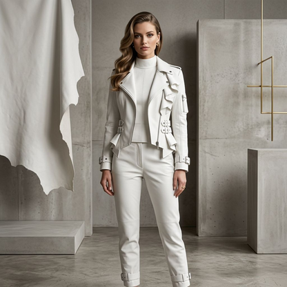 White Ruffle-Front Peplum Moto Jacket – Asymmetric Zip Belted Waist
