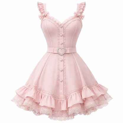 Pink Lace Trim Fit &amp; Flare Mini Dress – Pearl Button Heart Belt Ruffle Hem