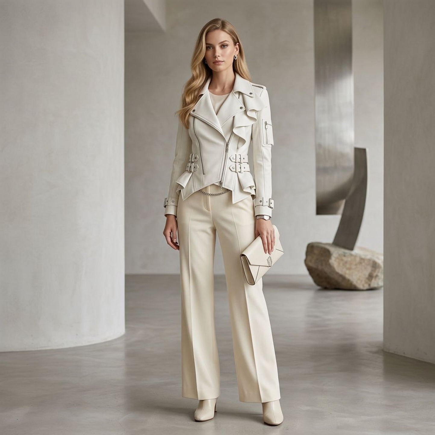 White Ruffle-Front Peplum Moto Jacket – Asymmetric Zip Belted Waist