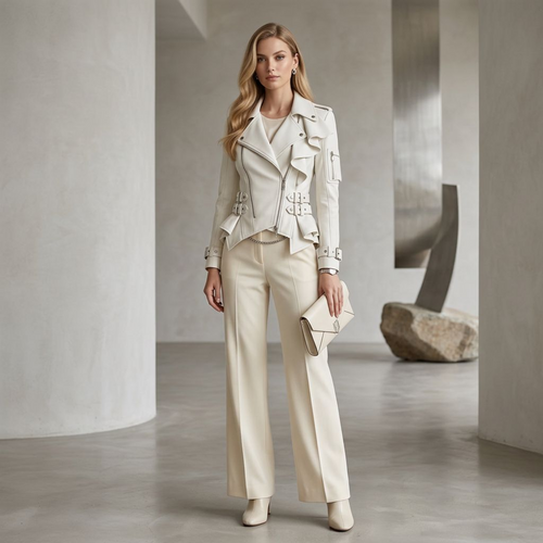 White Ruffle-Front Peplum Moto Jacket – Asymmetric Zip Belted Waist