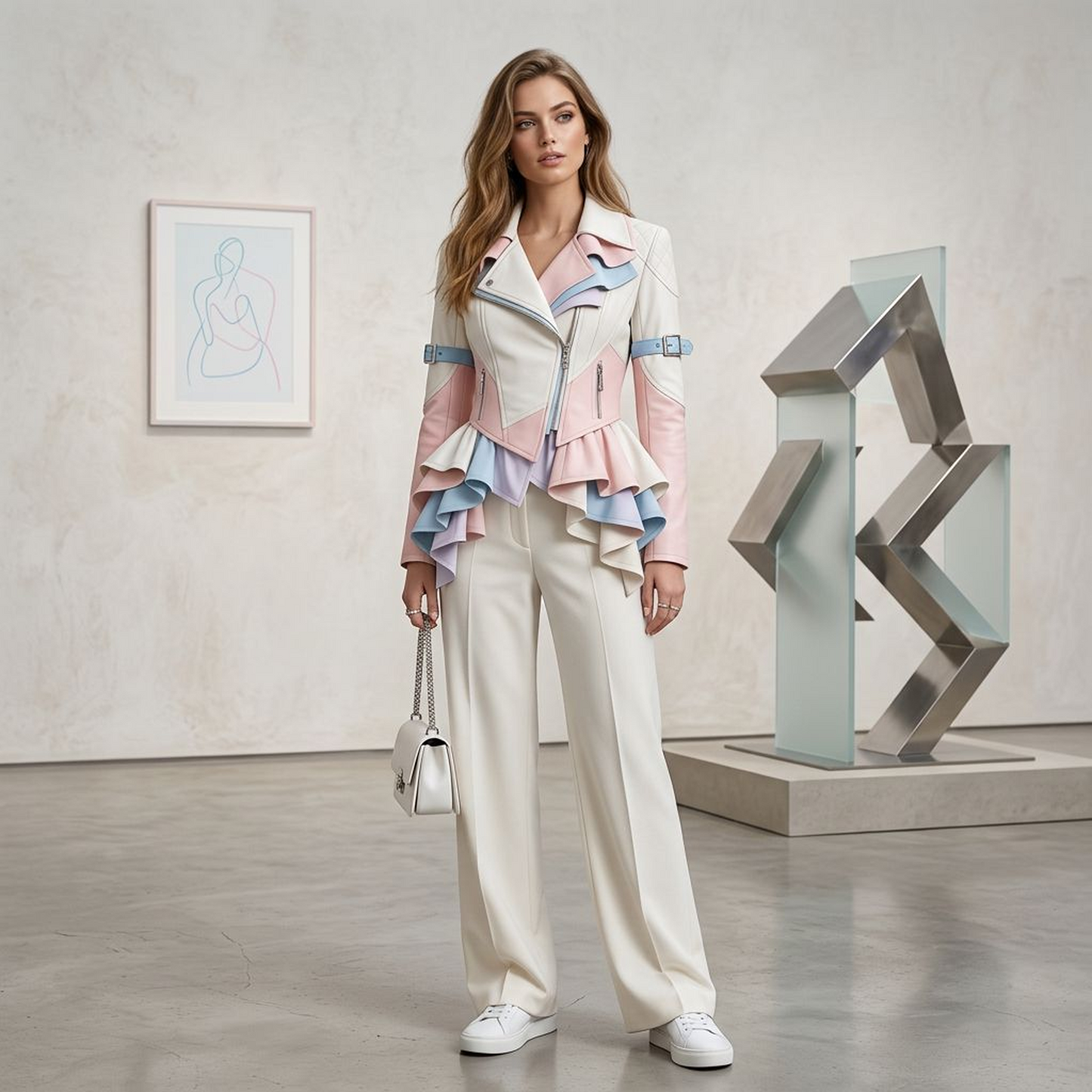 Pastel Colorblock Peplum Moto Jacket – Ruffled Hem Asymmetric Zip Blazer