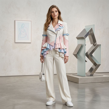 Pastel Colorblock Peplum Moto Jacket – Ruffled Hem Asymmetric Zip Blazer