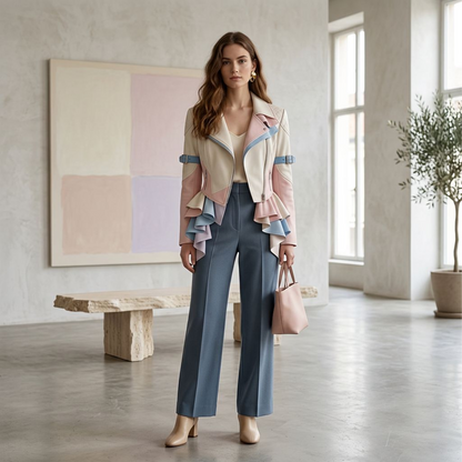 Pastel Colorblock Peplum Moto Jacket – Ruffled Hem Asymmetric Zip Blazer