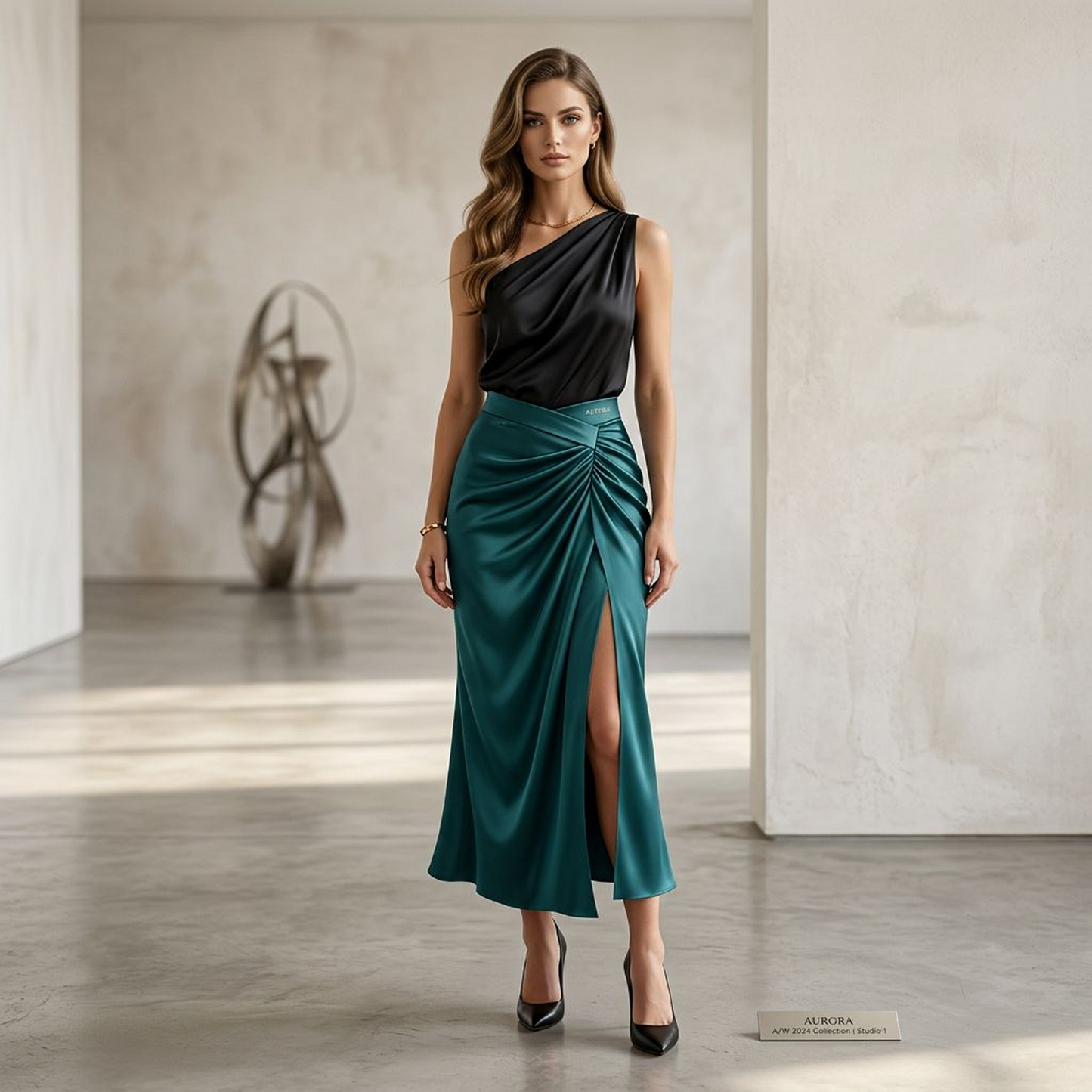 Emerald Satin Wrap Midi Skirt – Ruched Waist High-Slit Draped Maxi Skirt