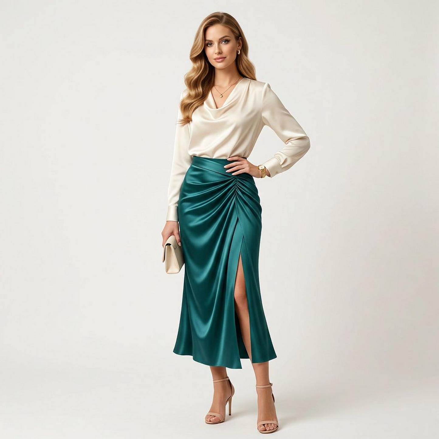 Emerald Satin Wrap Midi Skirt – Ruched Waist High-Slit Draped Maxi Skirt