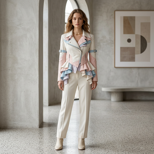 Pastel Colorblock Peplum Moto Jacket – Ruffled Hem Asymmetric Zip Blazer