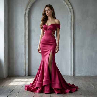 Red Off-Shoulder Mermaid Gown – Side Cutout Draped Satin Evening Dress