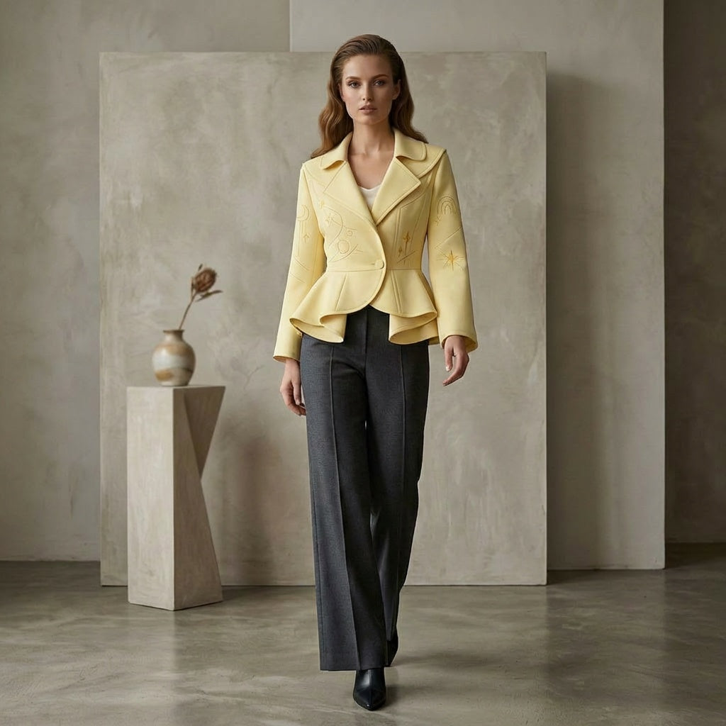 Butter Yellow Peplum Jacket – Embroidered Celestial Motif Structured Lapel Blazer