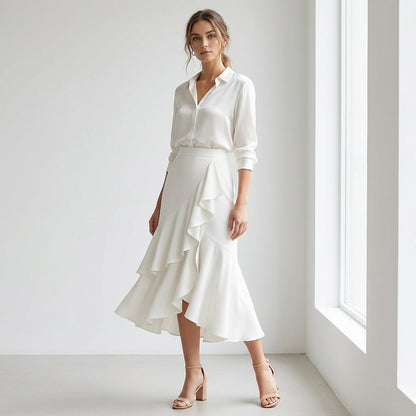 White Ruffle Wrap Midi Skirt – High Waist Asymmetrical Layered Flounce Skirt